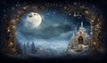 Fantasy Christmas night landscape with a magical castle and snowy forest Royalty Free Stock Photo