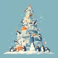 Fantasy Christmas Tower with Penguins, Architecture & Snowmen Royalty Free Stock Photo