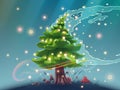 Fantasy Christmas tree with snowflakes for new year greeting card in vector. Magic winter illustration with tree and glowing stars