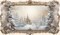 Fantasy christmas vintage frame with snow-covered castle in a winter forest is a fairytale christmas scene.