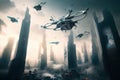 Fantasy city of the future. Futuristic world. Flying drones. Generative AI.