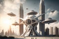 Fantasy city of the future. Futuristic world. Flying drones. Generative AI.