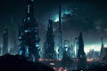 Fantasy city of the future. Futuristic world. Night view, neon lights. Generative AI.