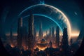 Fantasy city of the future. Futuristic world. Night view, neon lights. Generative AI.