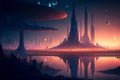 Fantasy city of the future. Futuristic world. Night view, neon lights. Generative AI.