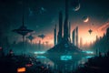 Fantasy city of the future. Futuristic world. Night view, neon lights. Generative AI.