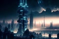 Fantasy city of the future. Futuristic world. Night view, neon lights. Generative AI.