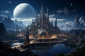 Fantasy city skyline on an alien planet. by generative Ai Royalty Free Stock Photo