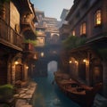 Fantasy city of thieves, Lawless city ruled by thieves\' guilds and shadowy criminals amidst narrow alleyways and secret passages