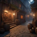 Fantasy city of thieves, Lawless city ruled by thieves\' guilds and shadowy criminals amidst narrow alleyways and secret passages