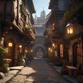 Fantasy city of thieves, Lawless city ruled by thieves\' guilds and shadowy criminals amidst narrow alleyways and secret passages