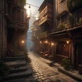 Fantasy city of thieves, Lawless city ruled by thieves\' guilds and shadowy criminals amidst narrow alleyways and secret passages
