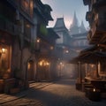 Fantasy city of thieves, Lawless city ruled by thieves\' guilds and shadowy criminals amidst narrow alleyways and secret passages