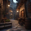 Fantasy city of thieves, Lawless city ruled by thieves\' guilds and shadowy criminals amidst narrow alleyways and secret passages