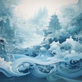 Fantasy City Waves: A Baroque Maritime Illustration In Chinese Brushwork Style Royalty Free Stock Photo