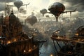 Fantasy cityscape with flying saucers. 3D rendering, AI Generated