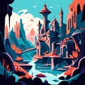 Fantasy cityscape with river and mosque. Cartoon vector illustration. Generative AI