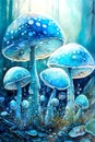 Fantasy close-up with blue mushrooms in the forest. Vertical illustration