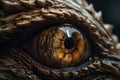 Fantasy close up of dragon eye. Magical animal. Macro shot of creature. Generative AI illustration