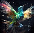 Fantasy close-up illustration of colorful hummingbird on a black background with ice shards