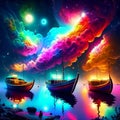 Fantasy clouds in the night sky with ships. Vector illustration. AI generated