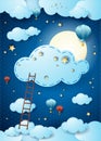 Fantasy cloudscape at night with full moon, cloud and ladder. Royalty Free Stock Photo