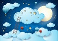 Fantasy cloudscape at night with full moon, cloud and ladder. Royalty Free Stock Photo