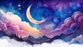 Fantasy cloudscape with stars and crescent moon watercolor paper background