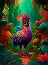 Fantasy colored rooster standing in a forest with colored trees and leaves