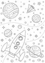 Fantasy coloring page with rocket, different planets, nebulae and stars. Outer space Royalty Free Stock Photo