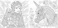 Fantasy Coloring Pages. Coloring Book for adults. Colouring pictures with winter girl and magic unicorn. Antistress freehand Royalty Free Stock Photo