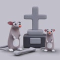 Fantasy composition with grave with stone cross, realistic bone and cute little rats