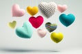 A group of floating hearts made of different types of textile materials. AI generated.