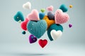 A group of floating hearts made of different types of textile materials. AI generated.