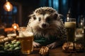 Fantasy Composition with Hedgehog Bartender Serving Beer