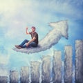 Fantasy concept as an excited guy seated on a cloud shaped as increasing graph, looking and pointing index finger up, dreaming of Royalty Free Stock Photo