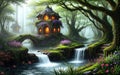 Fantasy concept background of hidden mysterious house on river environment in the forest Royalty Free Stock Photo