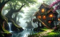 Fantasy concept background of hidden mysterious house on river environment in the forest Royalty Free Stock Photo