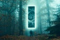 A fantasy concept of a glowing portal in a forest. With a mysterious figure on a misty spooky winters evening