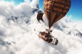 Fantasy concept of a steam powered balloon craft airship sailing through a sea of clouds