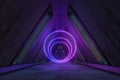 Fantasy concrete tunnel building with glowing neon light. 3d rendering