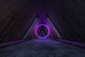 Fantasy concrete tunnel building with glowing neon light. 3d rendering