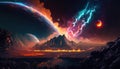 Fantasy cosmic landscape. View of a huge planet and cloudy colorful nebulas in space