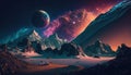 Fantasy cosmic landscape. View of a planet and cloudy colorful nebulas in space a from a rocky snowy valley
