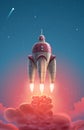 Fantasy cosmic spaceship over starry sky with fire flame and red smoke art. Magic rocket in space flying to far stars in vector Royalty Free Stock Photo