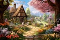 Fantasy cottage in a lush garden with blooming flowers and wildlife