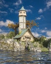 Fantasy cottage with a tower on an island by the sea. 3D render