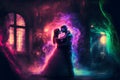 Fantasy couple embrancing and kissing in front of building in a magic rgb scenery.