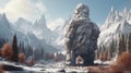 Fantasy Creature Golem. Fantasy stone giant made of rock standing of snowy mountains. Generative AI