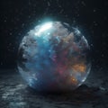 Fantasy crystal ball with colorful pattern on dark background. 3D rendering